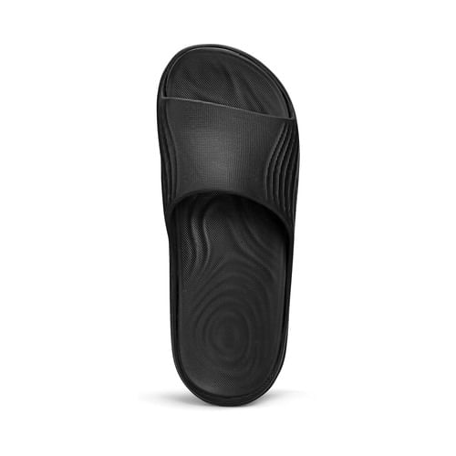 Chinelo Olympikus Pleno Slide Preto em ângulo lateral mostrando detalhes da sola